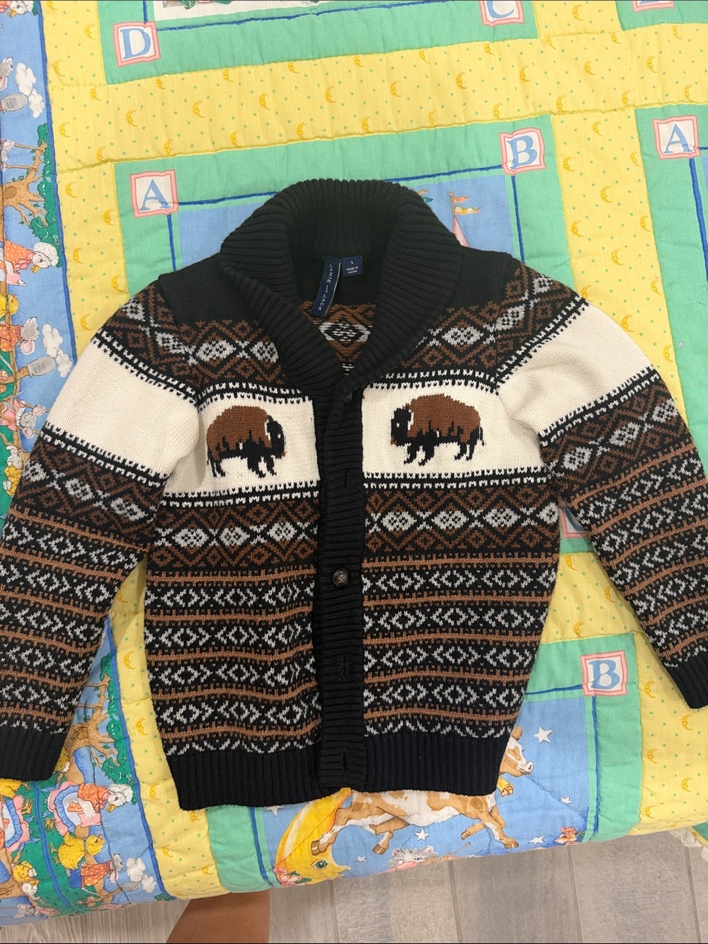 Kids Buffalo Knit Cardigan Jacket - Brown, Black & Cream Janie and Jack used
